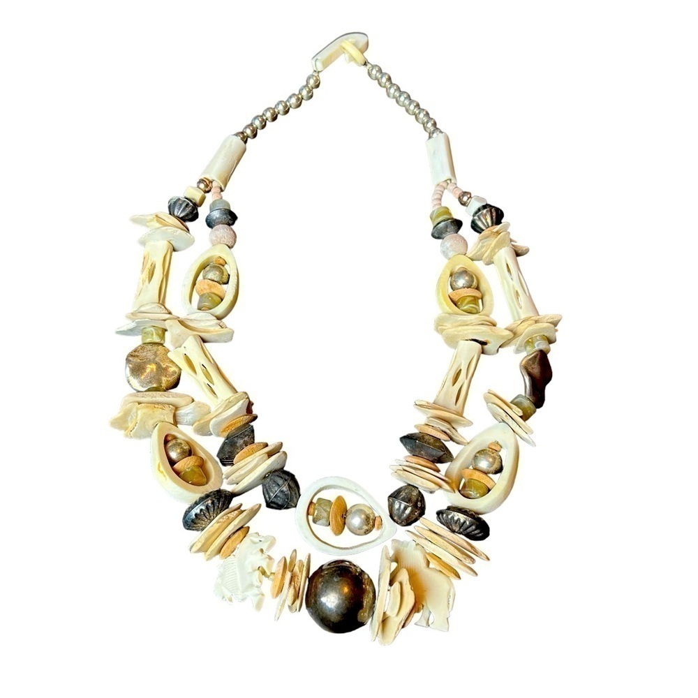 Bone Metal Stone Bead Vintage Two Tier Necklace Carved Lions Bone Hook Closure - Picture 16 of 16